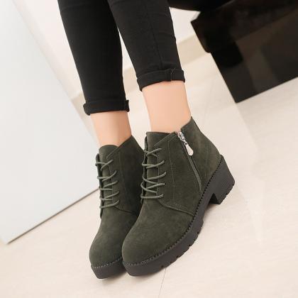 Suede Round Toe Side Zipper Lace Up Low Chunky..