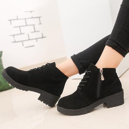 Suede Round Toe Side Zipper Lace Up Low Chunky..