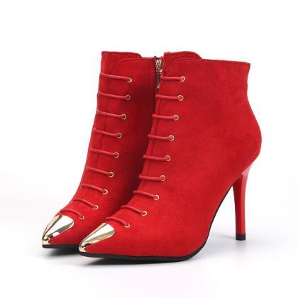 Pointed Toe Solid Color Side Zipper Stiletto High..