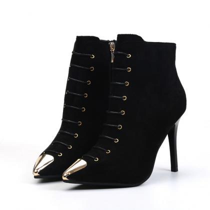 Pointed Toe Solid Color Side Zipper Stiletto High..