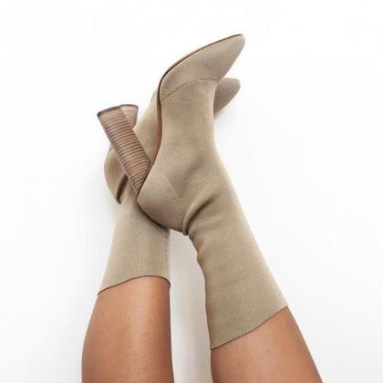 Faux Suede Pointed-toe Chunky Heel Mid-calf Sock..