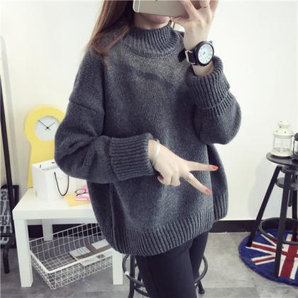 Loose Middle Neck Solid Color Warm Sweater