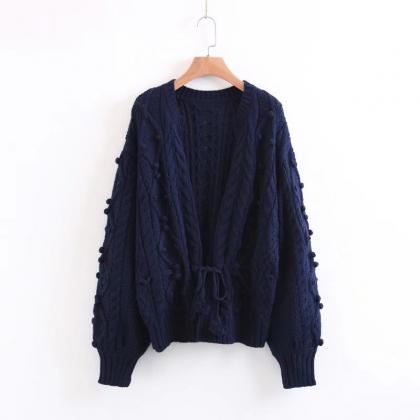Cable Lace Up Ball Decorate Loose Cardigan