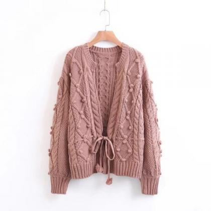 Cable Lace Up Ball Decorate Loose Cardigan