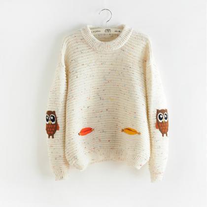 Owl Print Scoop Loose Knit Pullover Sweater
