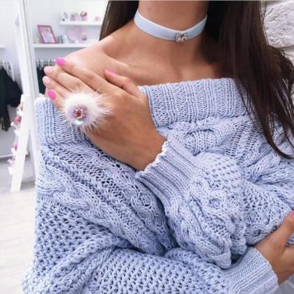 Off Shoulder Cable Loose Lantern Sleeves Knitwear..