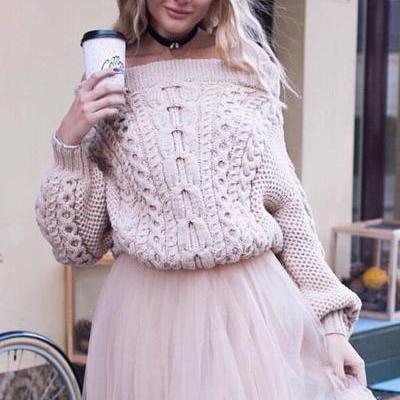 Off Shoulder Cable Loose Lantern Sleeves Knitwear..