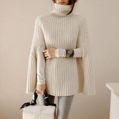 Solid Color High Neck Long Batwing Sleeves Loose..