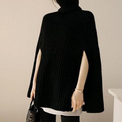 Solid Color High Neck Long Batwing Sleeves Loose..