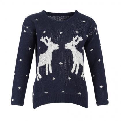 Deer Pattern Christmas Scoop Loose Sweater