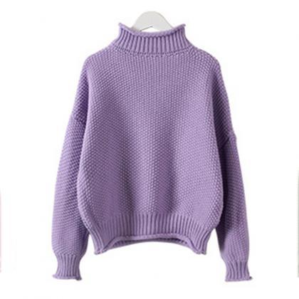 Knitted High Neck Long Cuffed Sleeves Sweater