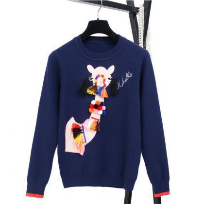 Print Tassels Ball Decorate Pullover Sweater
