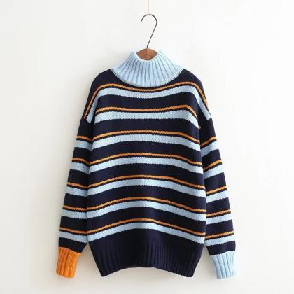 Stripes High Neck Patchwork Loose Pullover Sweater