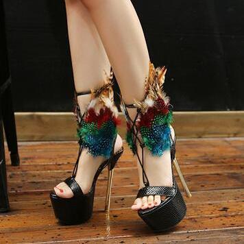 Feather Embellished Open Toe Strappy Leather High..