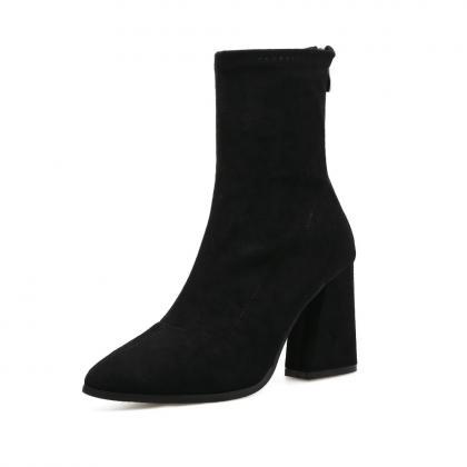 Faux Suede Pointed-toe Chunky Heel Mid-calf Boots..