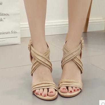 Solid Color Ankle Wrap Cross Open Toe High Chunky..