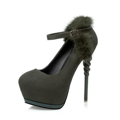 Round Toe Stiletto Pumps With Faux Fur And Twisted..