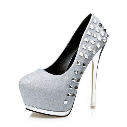 Round Toe Shimmery Stiletto Pump With Pyramid Stud