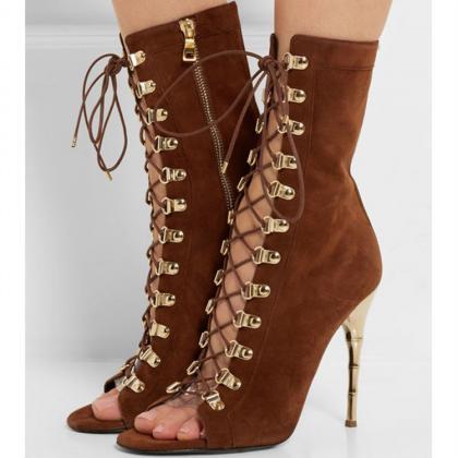 Faux Suede Lace-up Peep-toe High Heel Mid-calf..