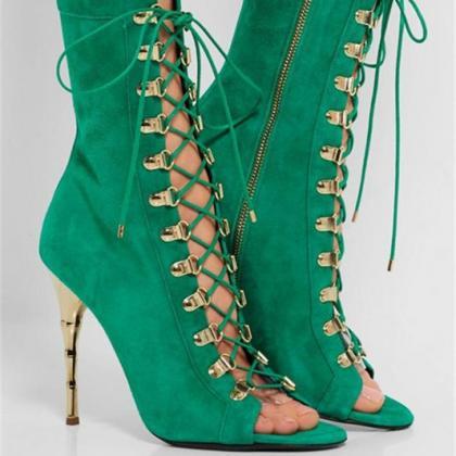 Faux Suede Lace-up Peep-toe High Heel Mid-calf..