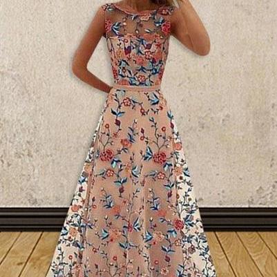 Flower Embroidery Mesh Patchwork Long Pleat Dress