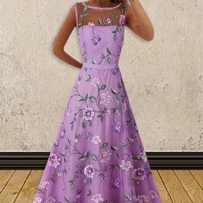 Flower Embroidery Mesh Patchwork Long Pleat Dress