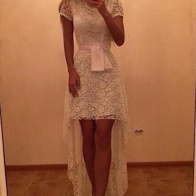 Lace Short Sleeves Low High Short Dress