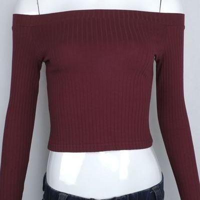 Ribbed Knit Off-the-shoulder Long Sleeves Cropped..