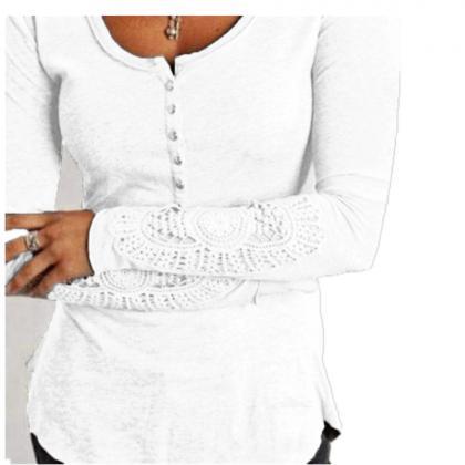 Lace Patchwork Round Neck Long Sleeves Blouse