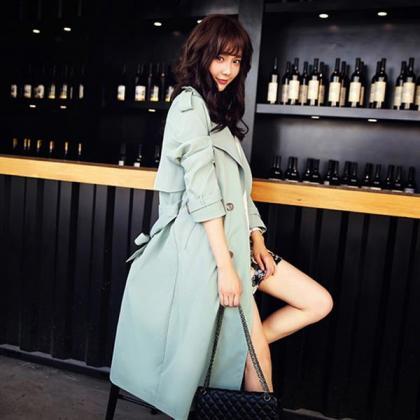 Solid Color Long Sleeves Lapel Belt Double..