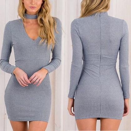 Long Sleeves Cut Out High Neck Bodycon Short Dress