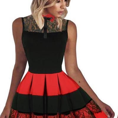 Color Block Patchwork High Neck Pleated Short..