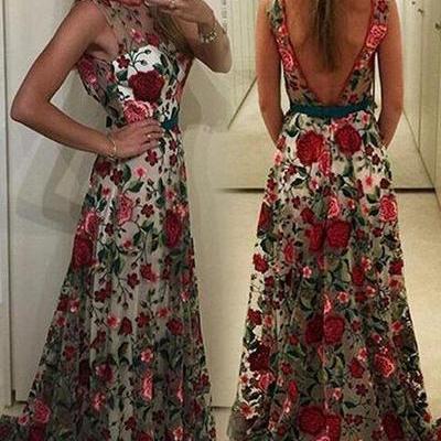 Embroidery Flowers Backless Pleated Long Prom..