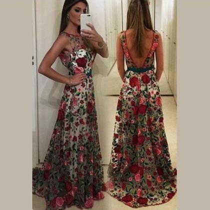 Embroidery Flowers Backless Pleated Long Prom..