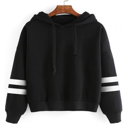 Striped Long Cuffed Sleeves Cropped Hoodie
