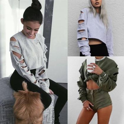 Cut Out Edge Holes Pure Color Crop Top Hoodie