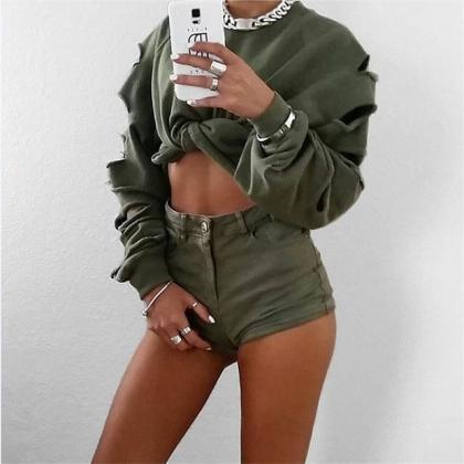 Cut Out Edge Holes Pure Color Crop Top Hoodie