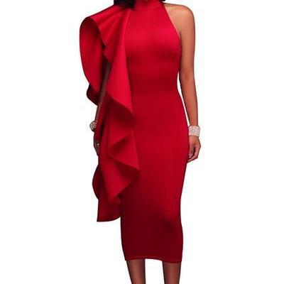 Ruffles Bear Shoulder Solid Color Tee-length Dress