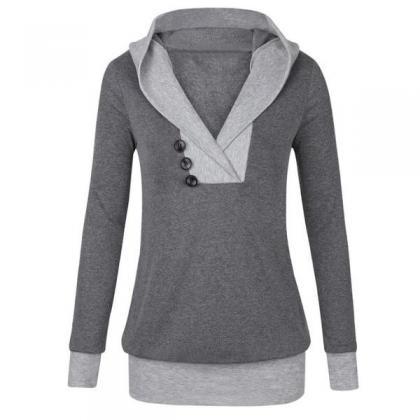 Buttons V-neck Patchwork Long Slim Hoodie