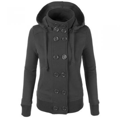 Double Breasted Solid Color High Neck Slim Hoodie..