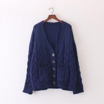 Deep V-neck Buttons Pockets Cable Loose Cardigan