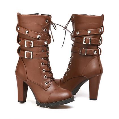 Round Toe Straps Lace Up High Chunky Heel Martin..