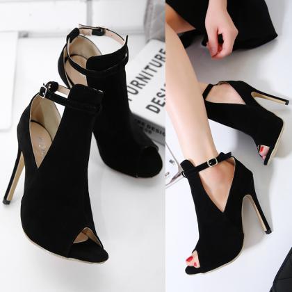 Faux Suede Peep-toe High Heel Ankle Boots..