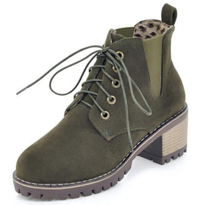 Pu Lace-up Pure Color Round Toe Boots