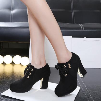 Suede Pure Color Chunky Heel Round Toe Lace-up..