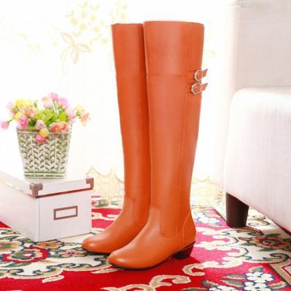 Pure Color Pu Chunky Heel Round Toe Long Boots