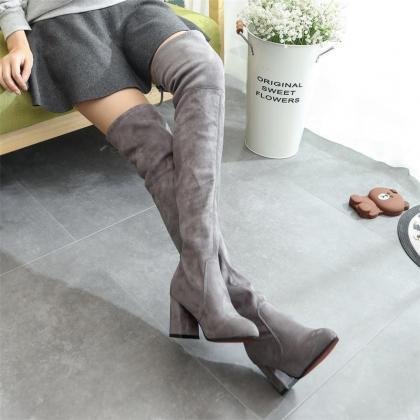 Pu Pure Color Chunky Heel Round Toe Long Boots