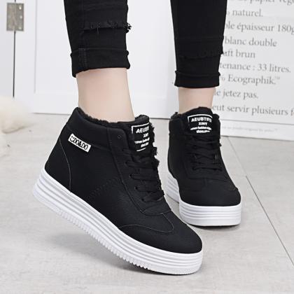 Pure Color Pu Slope Heel Round Toe Lace-up Short..