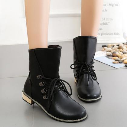 Pu Pure Color Chunky Heel Round Toe Short Boots