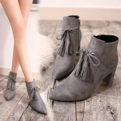 Suede Pure Color Chunky Heel Pionted Toe Short..